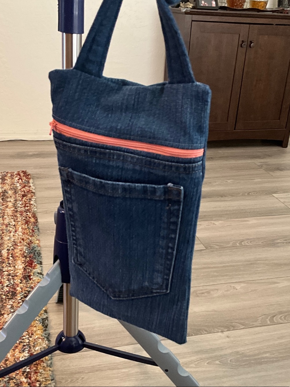 Denim Errands Bag with Front Patch Pocket and Coral Zip